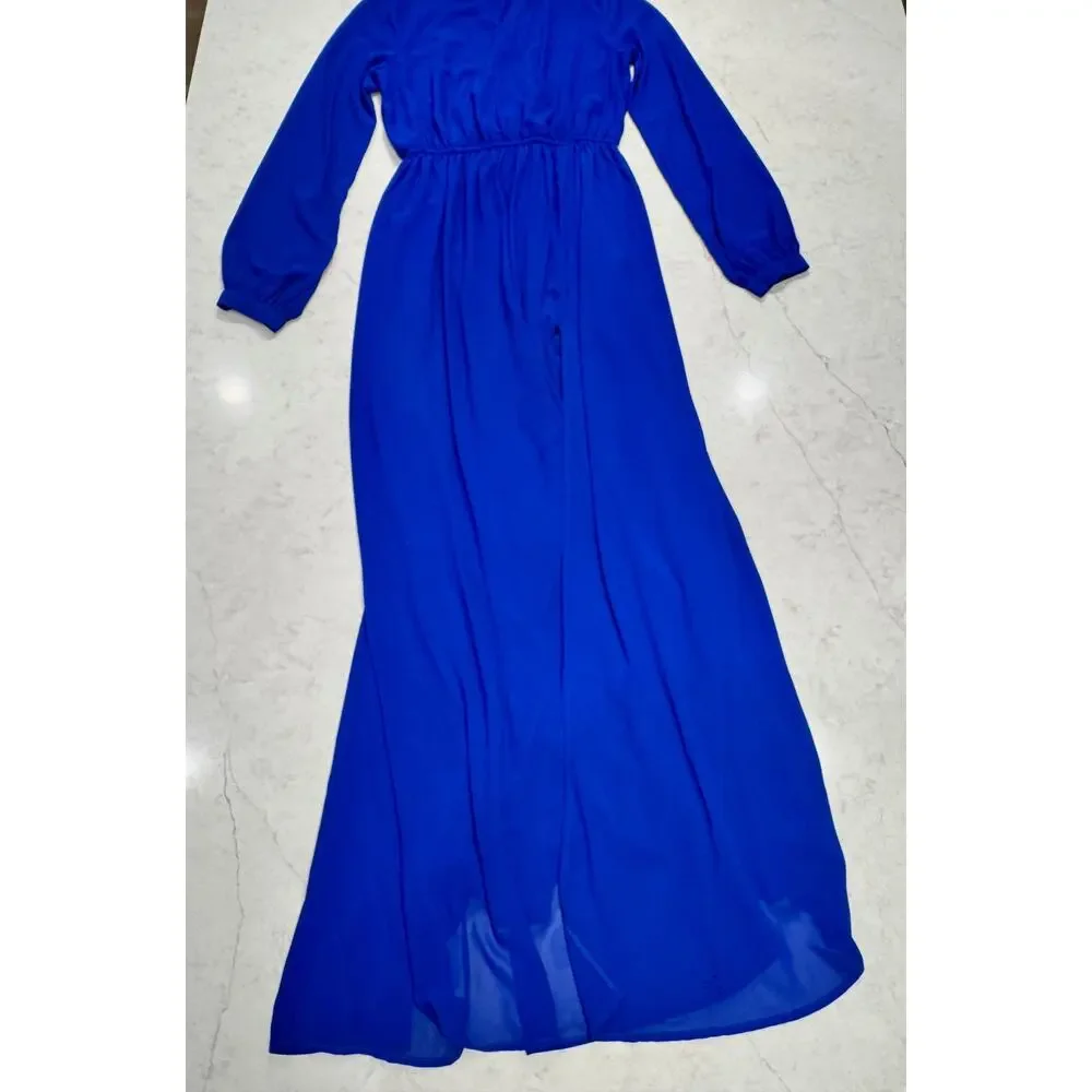 Lulus Wondrous Water Lilies Long Sleeve Maxi Dress Women’s Large Royal Blue - Picture 12 of 16